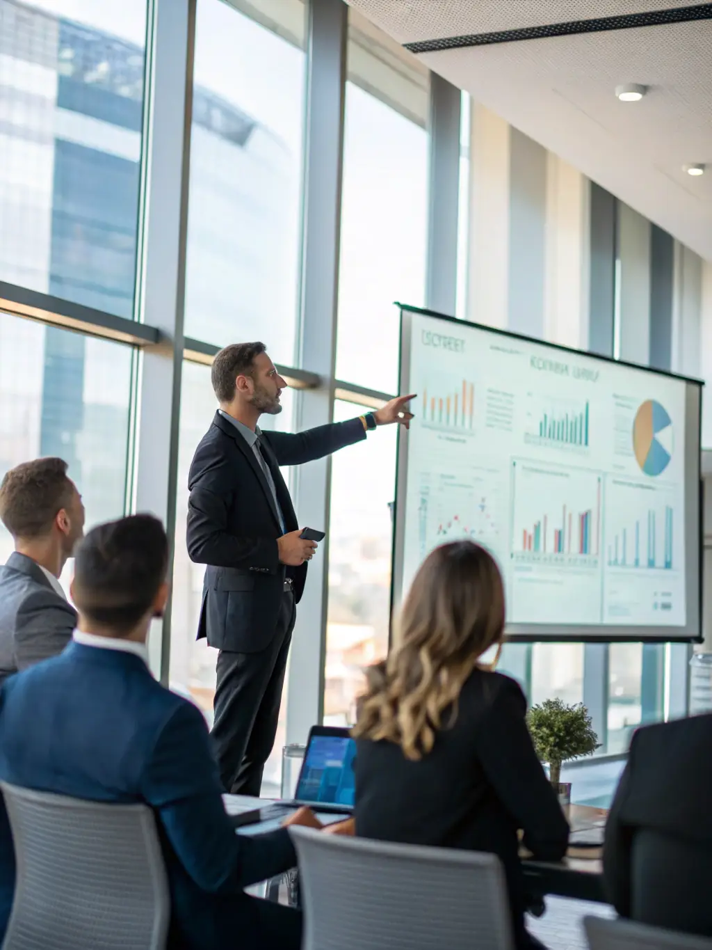 A speaker on stage presenting a detailed financial analysis to an attentive audience at a startup conference, using charts and graphs to illustrate key points.