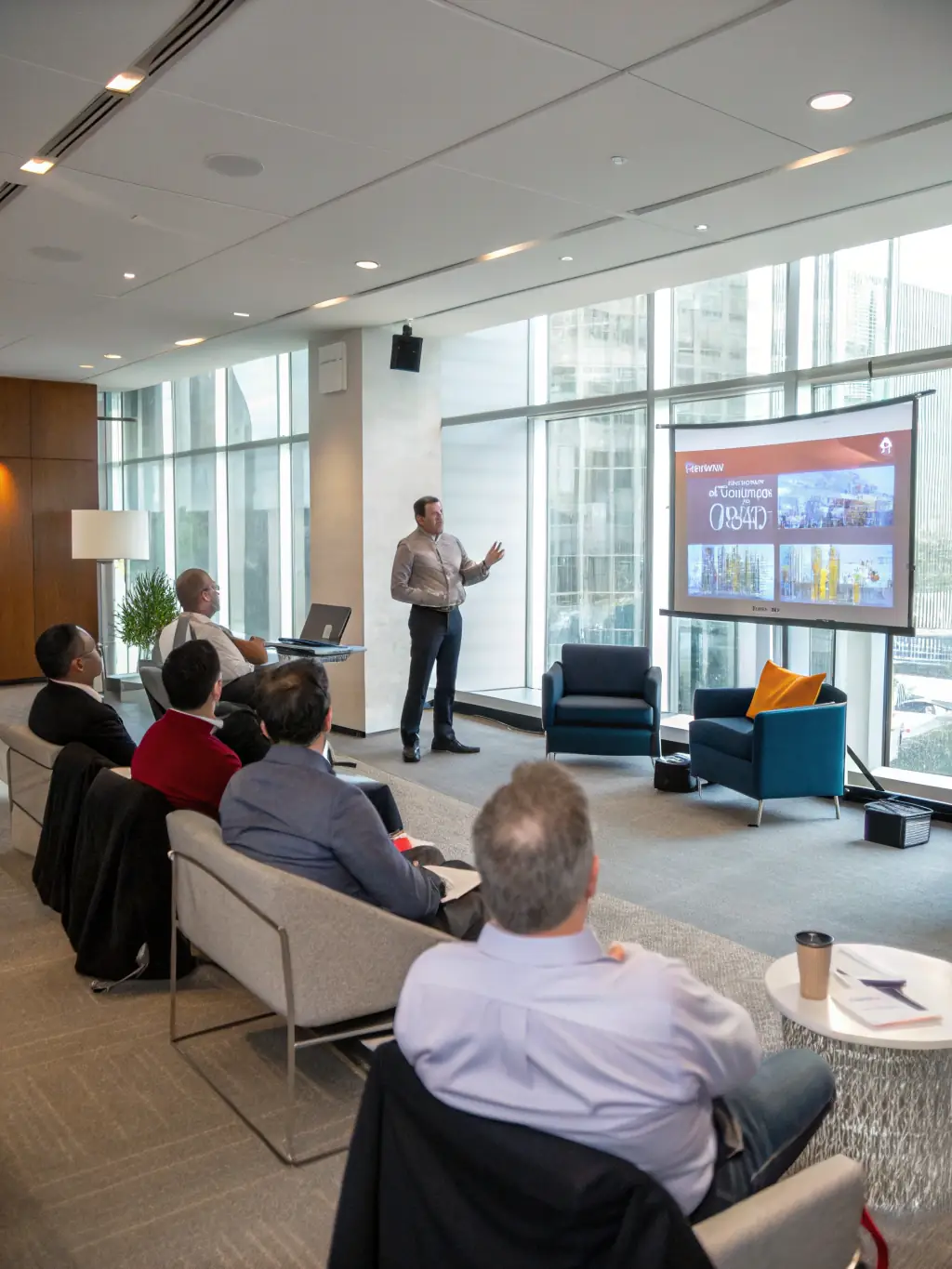 A startup founder pitching their innovative idea to a panel of investors at a startup conference, showcasing their product and business plan.