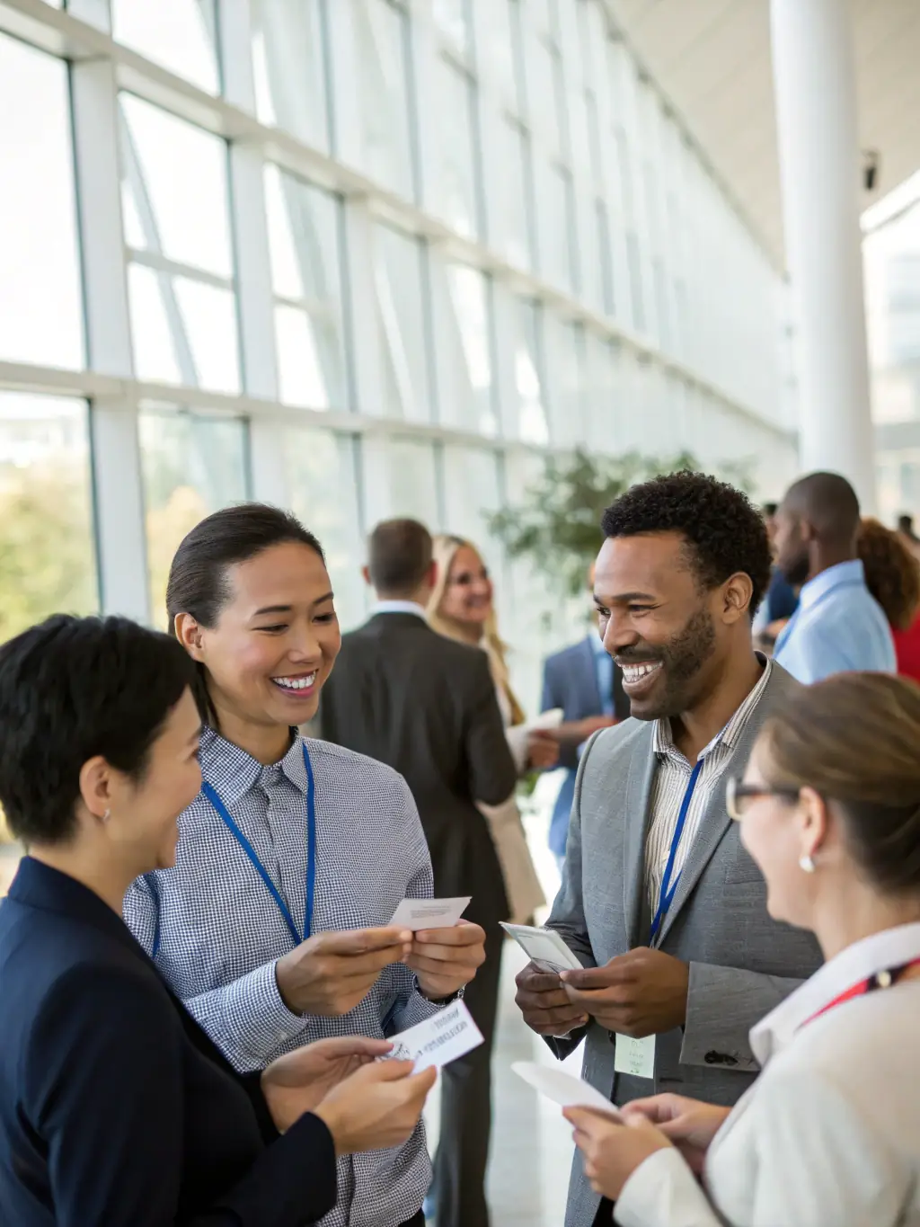 A diverse group of professionals actively networking during a coffee break at a startup conference, exchanging business cards and engaging in lively conversations.